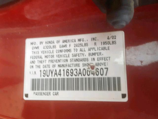 19UYA41693A004607 - 2003 ACURA 3.2CL TYPE RED photo 10