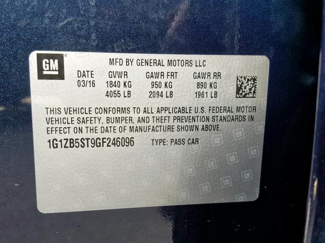 1G1ZB5ST9GF246096 - 2016 CHEVROLET MALIBU LS Көк фото 10