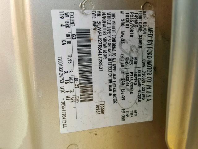 5LMFU27R64LJ28531 - 2004 LINCOLN NAVIGATOR TAN photo 10