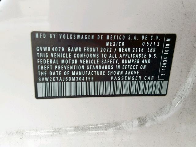 3VW2K7AJ6DM304159 - 2013 VOLKSWAGEN JETTA BASE 白色 照片 10