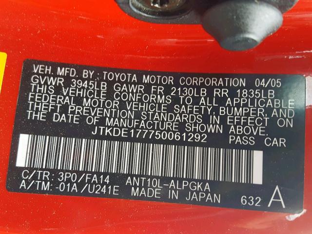 JTKDE177750061292 - 2005 TOYOTA SCION TC წითელი ფოტო 10