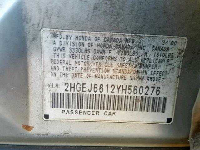 2HGEJ6612YH560276 - 2000 HONDA CIVIC BASE SILVER photo 10