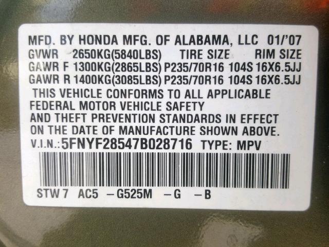 5FNYF28547B028716 - 2007 HONDA PILOT EXL GREEN photo 10