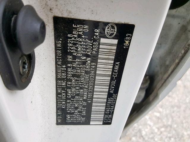 4T1BE32K05U394749 - 2005 TOYOTA CAMRY LE თეთრი ფოტო 10