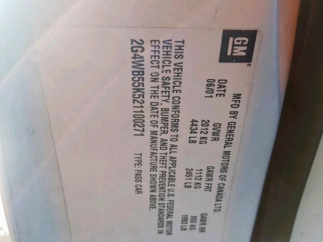 2G4WB55K521100271 - 2002 BUICK REGAL LS WHITE photo 10