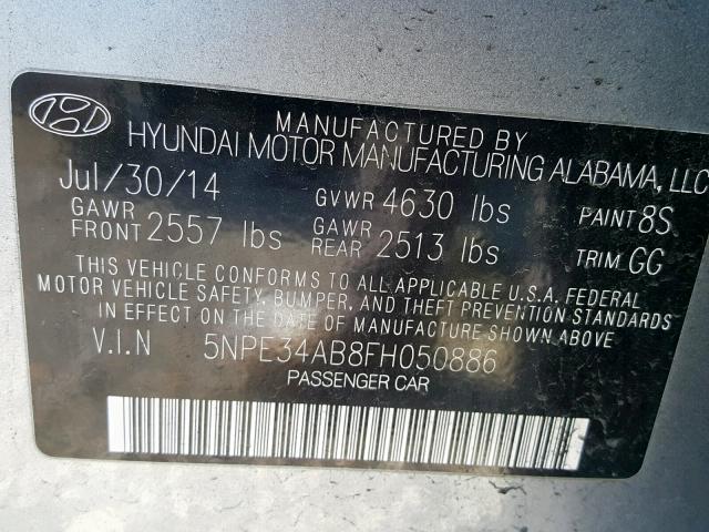 5NPE34AB8FH050886 - 2015 HYUNDAI SONATA SPO SILVER photo 10