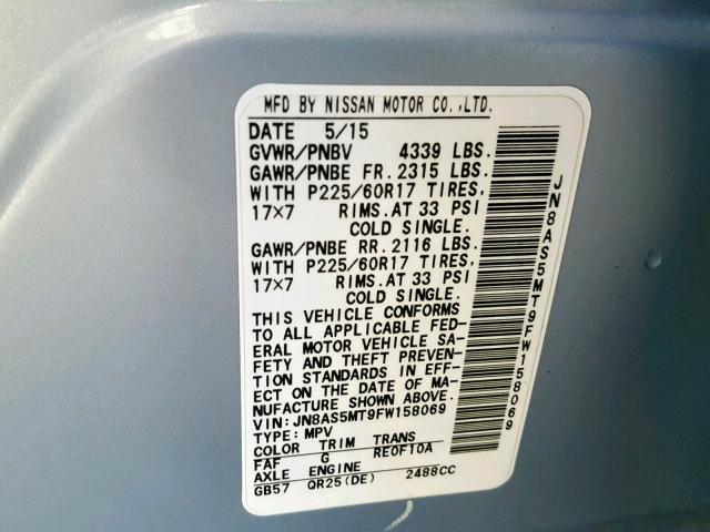 JN8AS5MT9FW158069 - 2015 NISSAN ROGUE SELE Mavi foto 10