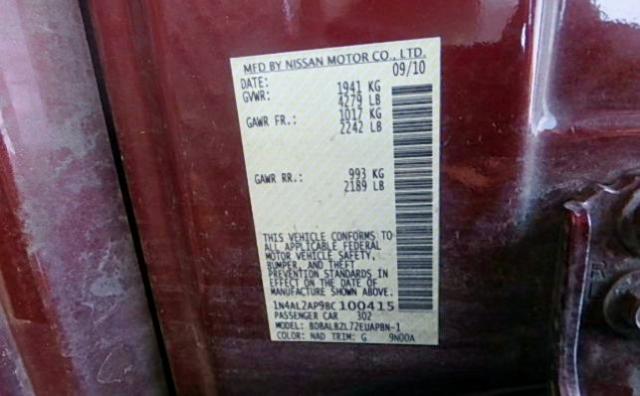 1N4AL2AP9BC100415 - 2011 NISSAN ALTIMA BAS MAROON photo 10