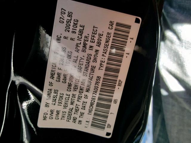 1HGCM82617A007658 - 2007 HONDA ACCORD EX BLACK photo 10