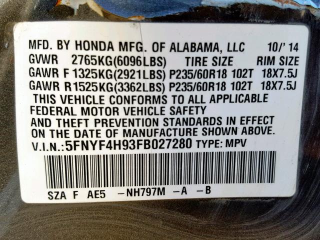 5FNYF4H93FB027280 - 2015 HONDA PILOT TOUR GRAY photo 10