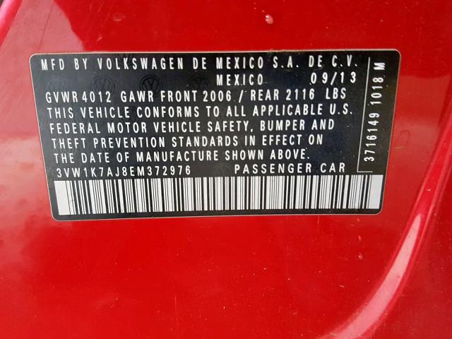 3VW1K7AJ8EM372976 - 2014 VOLKSWAGEN JETTA BASE RED photo 10