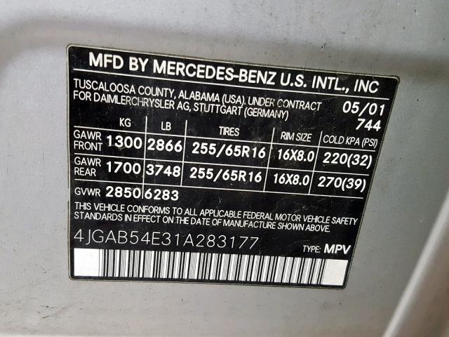 4JGAB54E31A283177 - 2001 MERCEDES-BENZ ML 320 SILVER photo 10