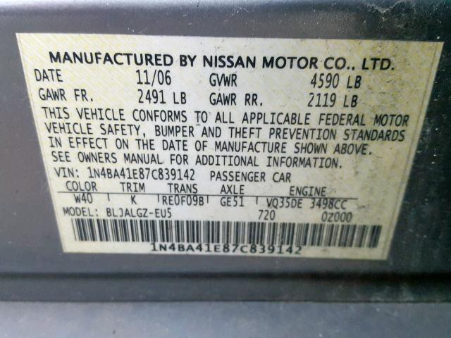 1N4BA41E87C839142 - 2007 NISSAN MAXIMA SE GRAY photo 10