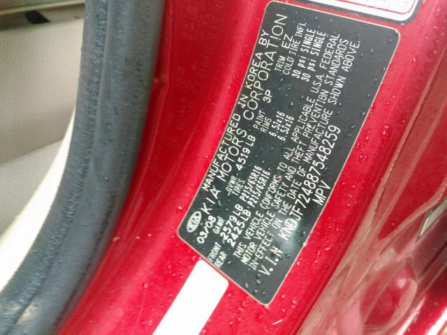 KNDJF724887548259 - 2008 KIA SPORTAGE L RED photo 10