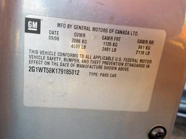 2G1WT58K179185012 - 2007 CHEVROLET IMPALA LT GRAY photo 10