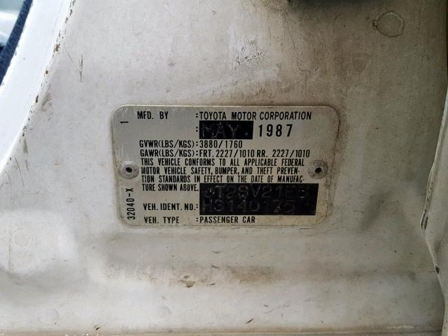 JT2SV21E5H3140175 - 1987 TOYOTA CAMRY DLX 白色 照片 10