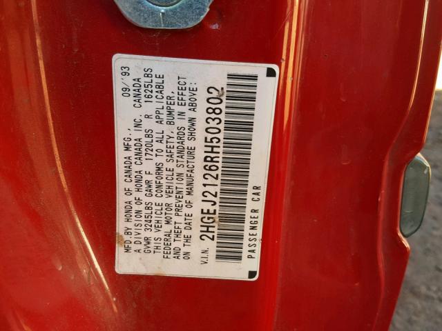 2HGEJ2126RH503802 - 1994 HONDA CIVIC DX RED photo 10