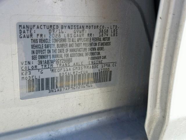 3N1AB7AP9GY256966 - 2016 NISSAN SENTRA S 银色 照片 10