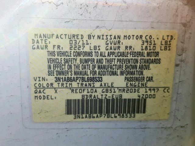 3N1AB6AP7BL698533 - 2011 NISSAN SENTRA 2.0 WHITE photo 10