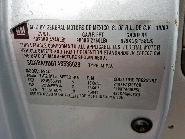 3GNBABDB7AS538029 - 2010 CHEVROLET HHR LT SILVER photo 10