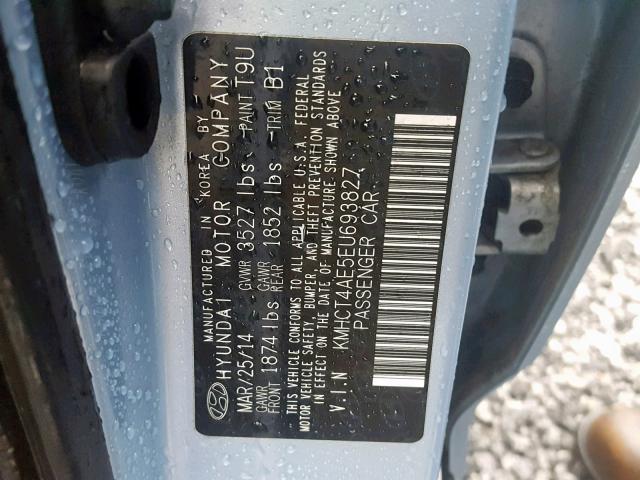 KMHCT4AE5EU693827 - 2014 HYUNDAI ACCENT GLS BLUE photo 10