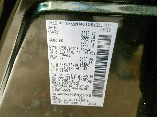 5N1AR2MM8FC692658 - 2015 NISSAN PATHFINDER 绿色 照片 10