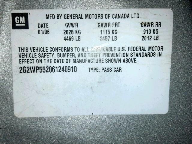 2G2WP552061240910 - 2006 PONTIAC GRAND PRIX GRAY photo 10