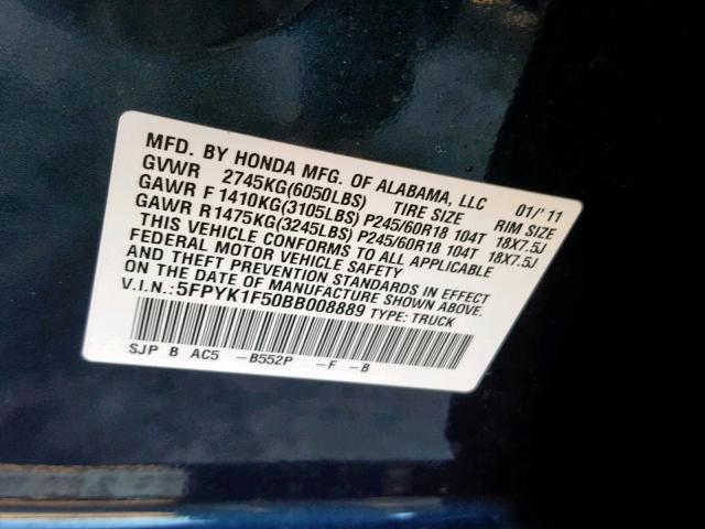 5FPYK1F50BB008889 - 2011 HONDA RIDGELINE BLUE photo 10