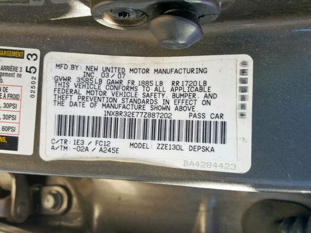 1NXBR32E77Z887202 - 2007 TOYOTA COROLLA S CHARCOAL photo 10