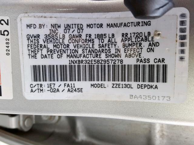 1NXBR32E58Z957278 - 2008 TOYOTA COROLLA CE SILVER photo 10