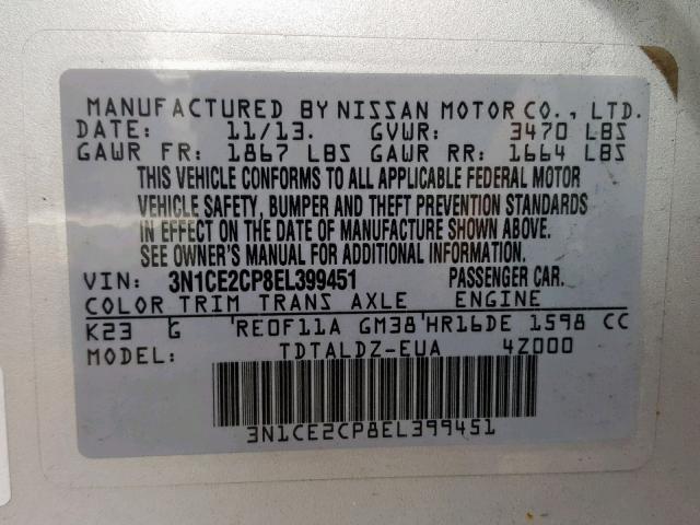 3N1CE2CP8EL399451 - 2014 NISSAN VERSA NOTE SILVER photo 10