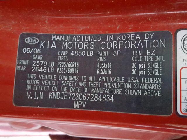 KNDJE723067284834 - 2006 KIA NEW SPORTA RED photo 10