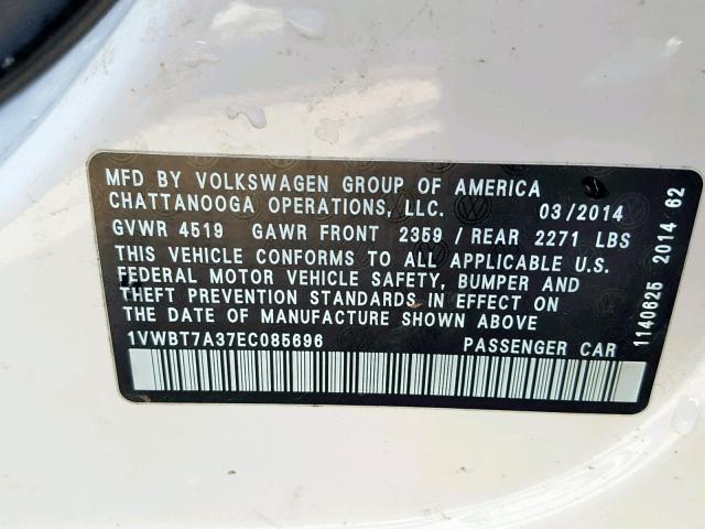 1VWBT7A37EC085696 - 2014 VOLKSWAGEN PASSAT SE WHITE photo 10