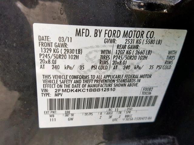 2FMDK4KC1BBB12510 - 2011 FORD EDGE LIMIT BLACK photo 10