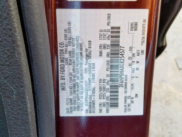 3FAHP0HAXCR254577 - 2012 FORD FUSION SE ბურგუნდია ფოტო 10