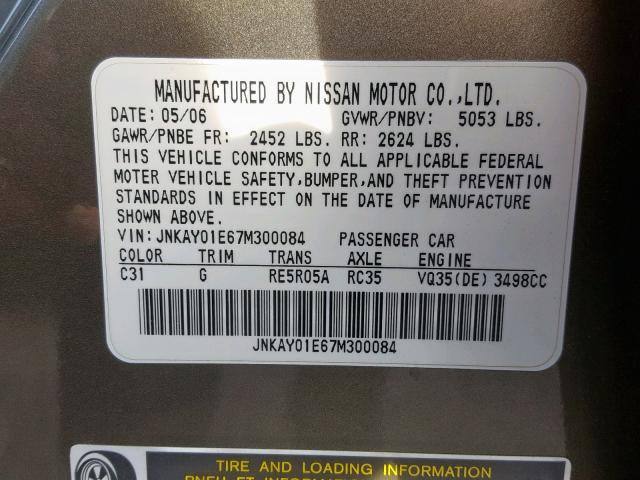 JNKAY01E67M300084 - 2007 INFINITI M35 BASE CHARCOAL photo 10