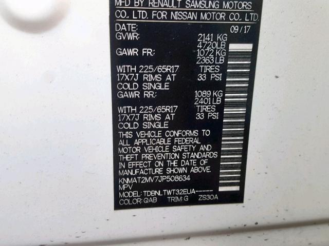 KNMAT2MV7JP508634 - 2018 NISSAN ROGUE S WHITE photo 10