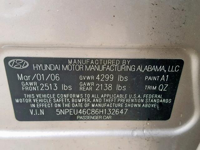 5NPEU46C86H132647 - 2006 HYUNDAI SONATA GLS 金色 照片 10