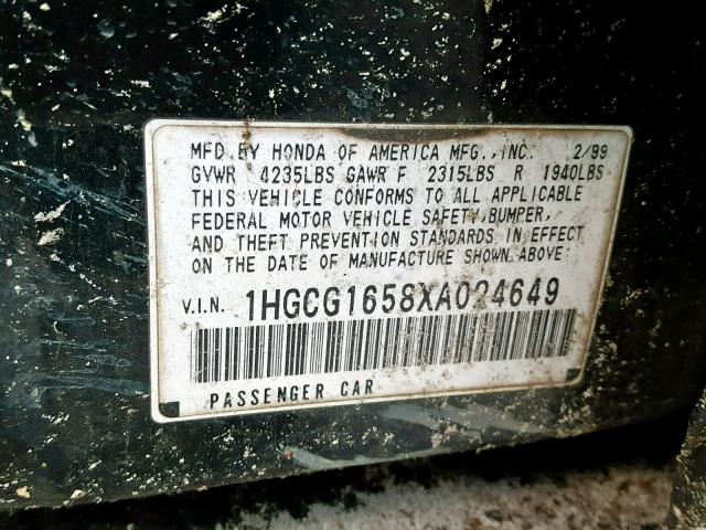 1HGCG1658XA024649 - 1999 HONDA ACCORD EX GREEN photo 10