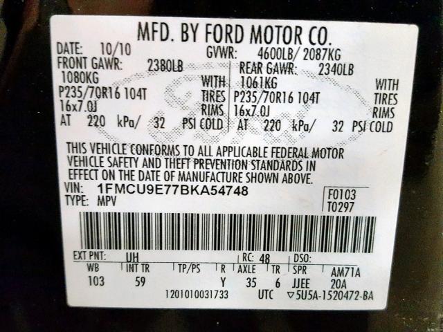 1FMCU9E77BKA54748 - 2011 FORD ESCAPE LIM BLACK photo 10