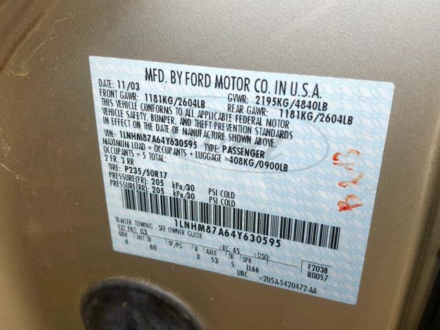 1LNHM87A64Y630595 - 2004 LINCOLN LS GOLD photo 10