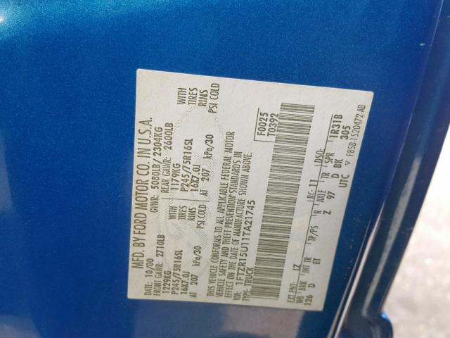 1FTZR15U11TA21745 - 2001 FORD RANGER SUP BLUE photo 10