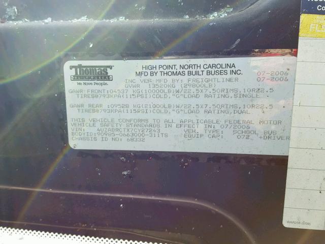 4UZABRCTX7CY27243 - 2007 FREIGHTLINER CHASSIS B2 黄色 照片 10