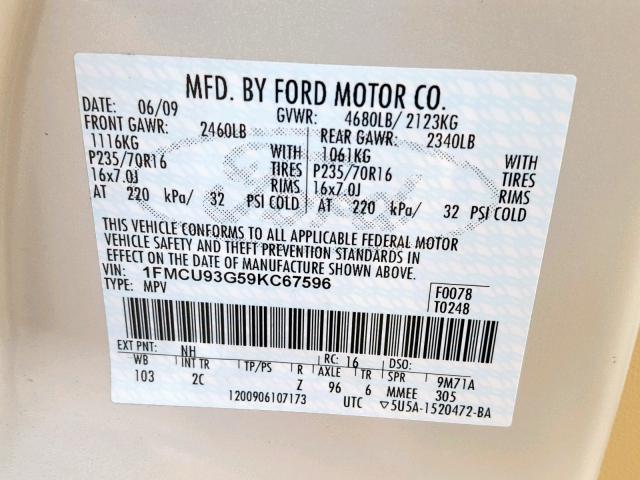 1FMCU93G59KC67596 - 2009 FORD ESCAPE XLT CREAM photo 10