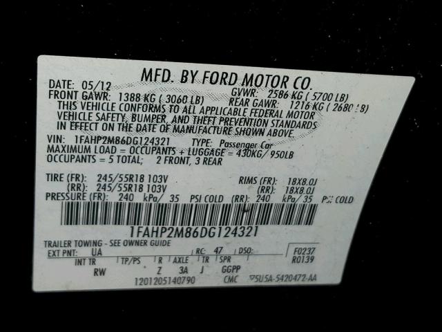 1FAHP2M86DG124321 - 2013 FORD TAURUS POL BLACK photo 10