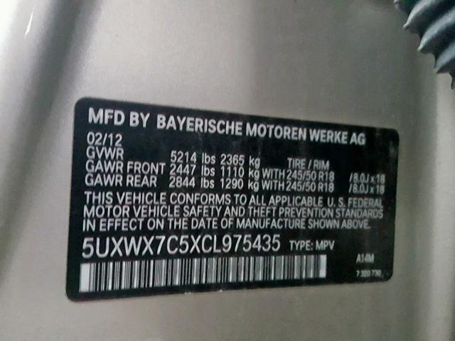 5UXWX7C5XCL975435 - 2012 BMW X3 XDRIVE3 SILVER photo 10