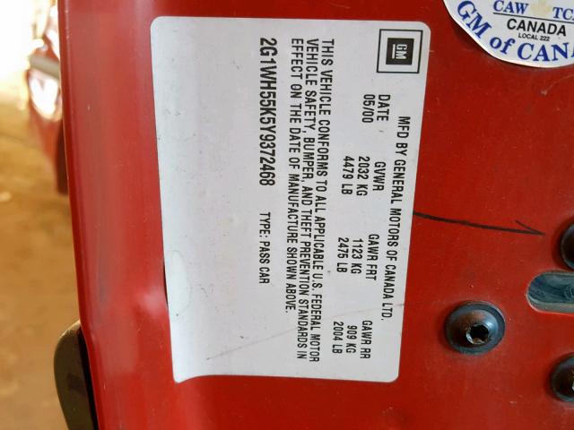 2G1WH55K5Y9372468 - 2000 CHEVROLET IMPALA LS Qırmızı foto 10