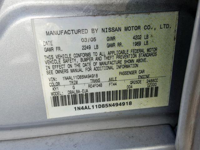 1N4AL11D85N494918 - 2005 NISSAN ALTIMA S SILVER photo 10