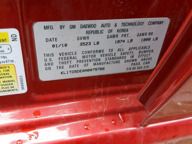 KL1TD5DE0AB075766 - 2010 CHEVROLET AVEO LS RED photo 10