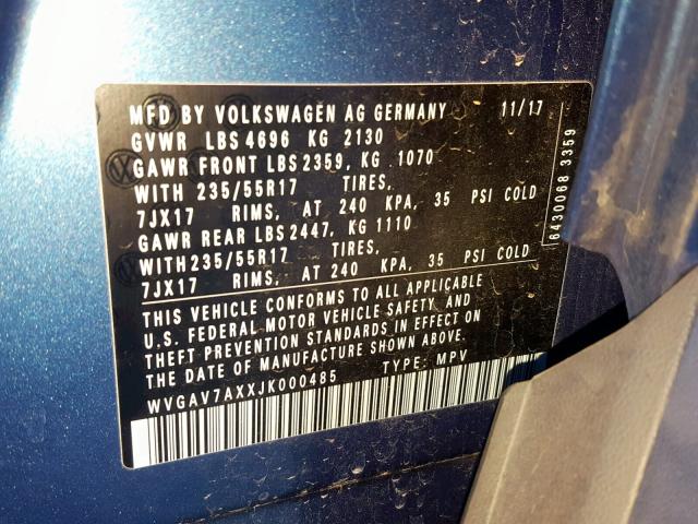 WVGAV7AXXJK000485 - 2018 VOLKSWAGEN TIGUAN LIM BLUE photo 10